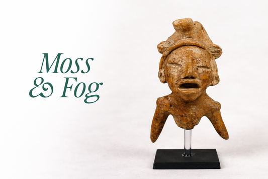 Ancient terracotta figurine artifact from the Relic & Rarity collection displayed beside the Moss & Fog publication logo.