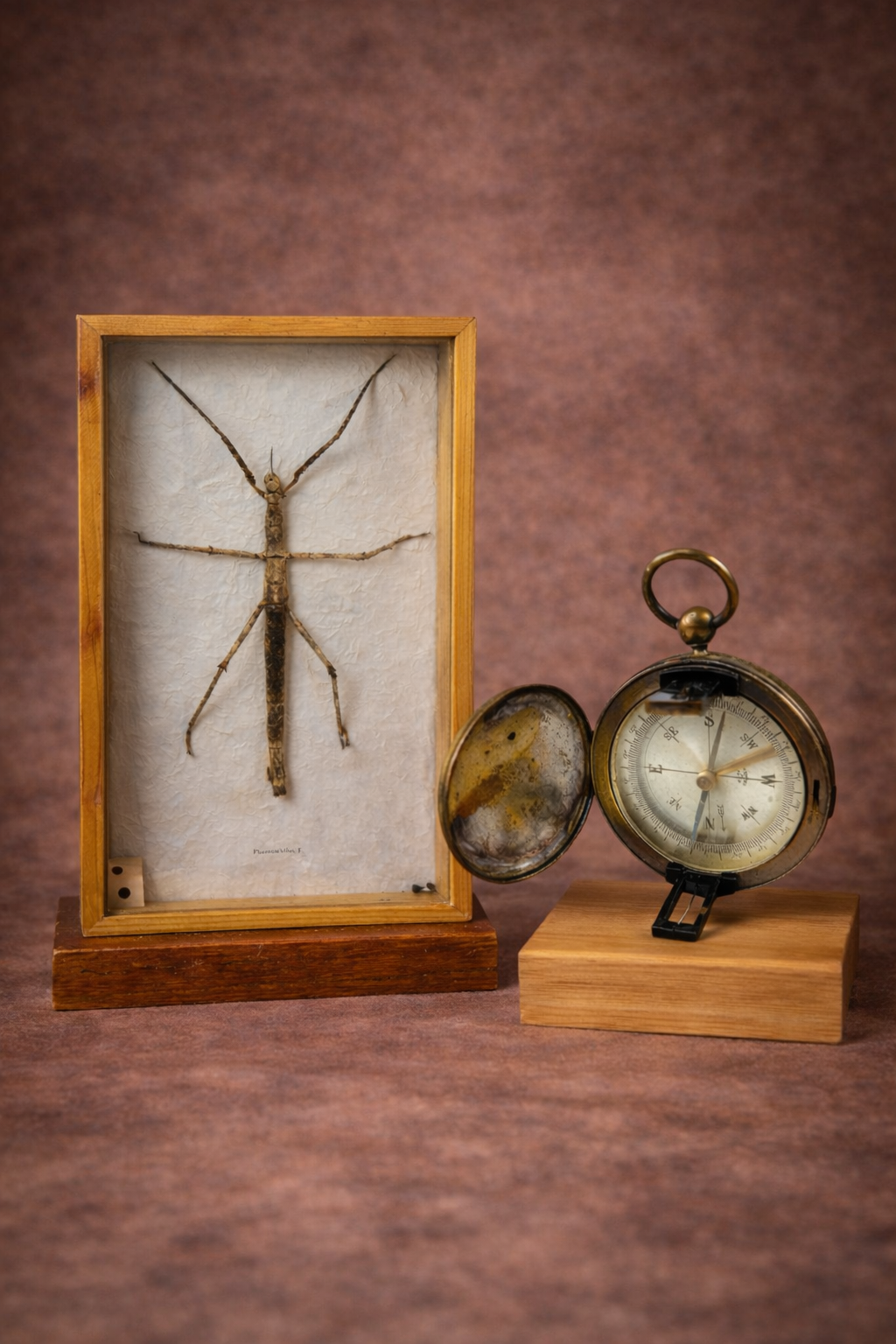 Framed Southeast Asian stick insect specimen displayed beside an antique French brass pocket compass on wooden stands against a warm brown studio backdrop.