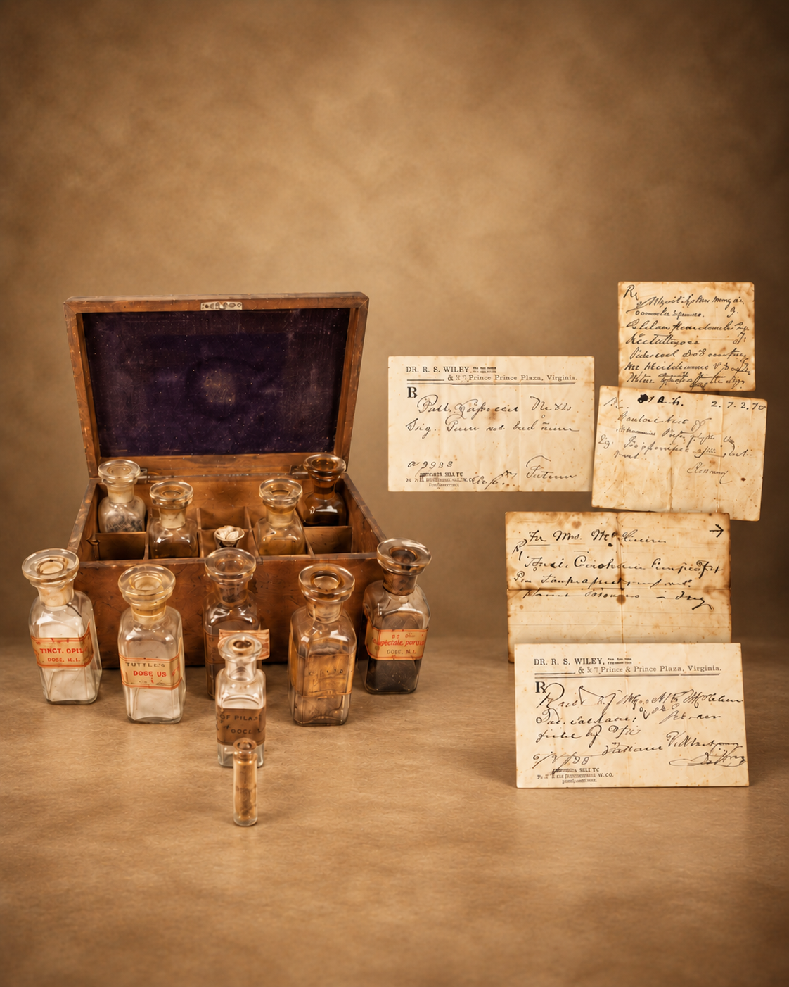 Antique medical apothecary collection with glass medicine bottles, wooden case, and handwritten prescription notes displayed together.