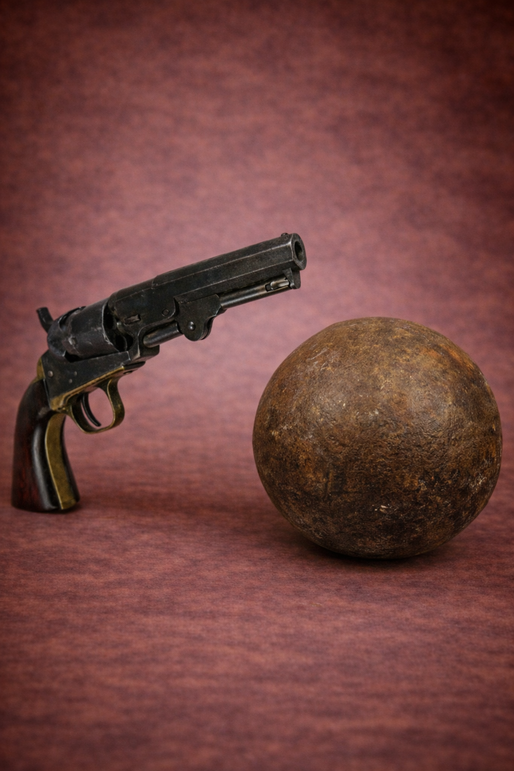 Antique Colt 1849 pocket revolver displayed beside a historic solid iron cannonball on a warm reddish-brown studio background, highlighting aged metal surfaces and period military craftsmanship.