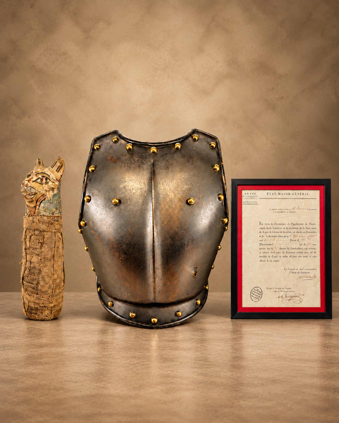 Sold archive collection featuring an Egyptian-style artifact, antique metal armor breastplate, and framed historic document displayed together.