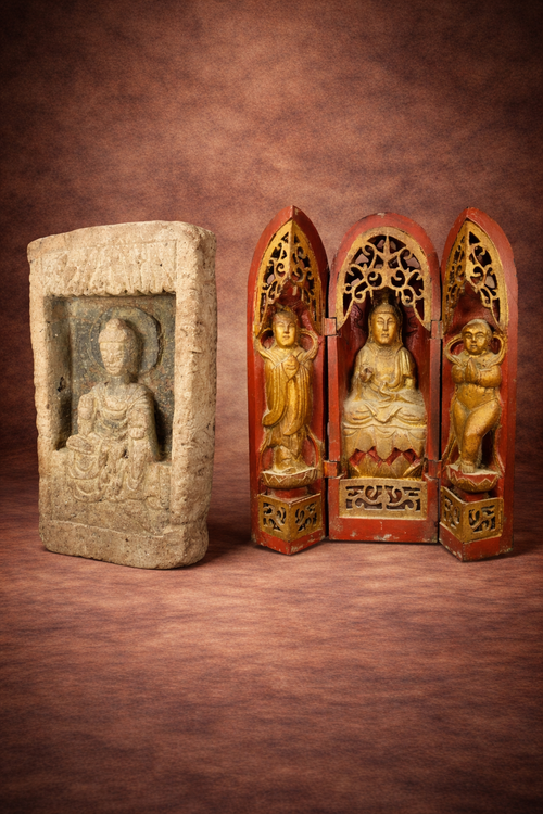 Ancient Chinese Buddhist architectural brick relief featuring a seated bodhisattva beside a Qing Dynasty portable wooden Buddhist shrine with carved and painted figures, displayed against a neutral background.