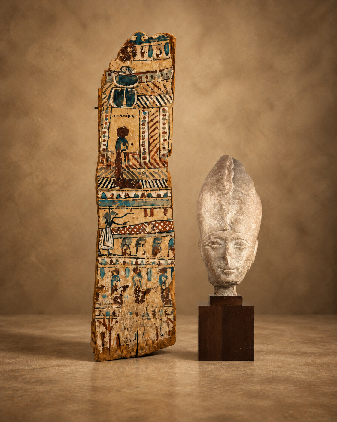 Ancient Egyptian painted coffin fragment and pharaoh head sculpture displayed in the Relic & Rarity Ancient Egypt collection.