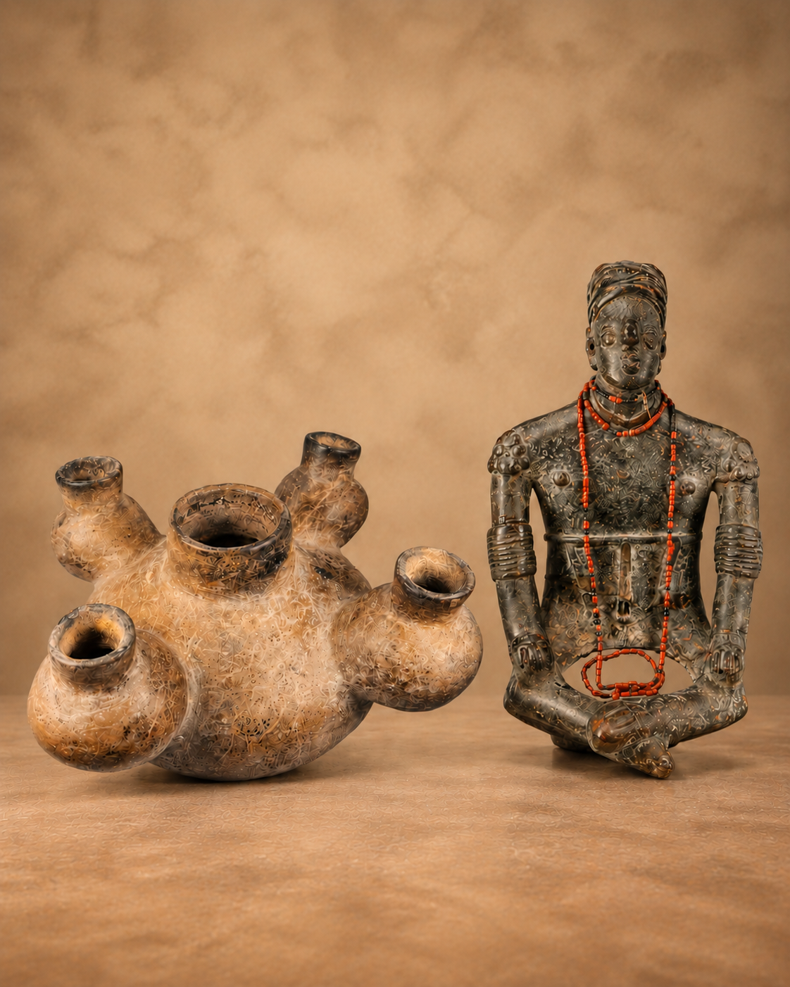 Ancient ceramics and pottery featuring a multi-spouted earthenware vessel beside a seated figural sculpture with decorative red beads.