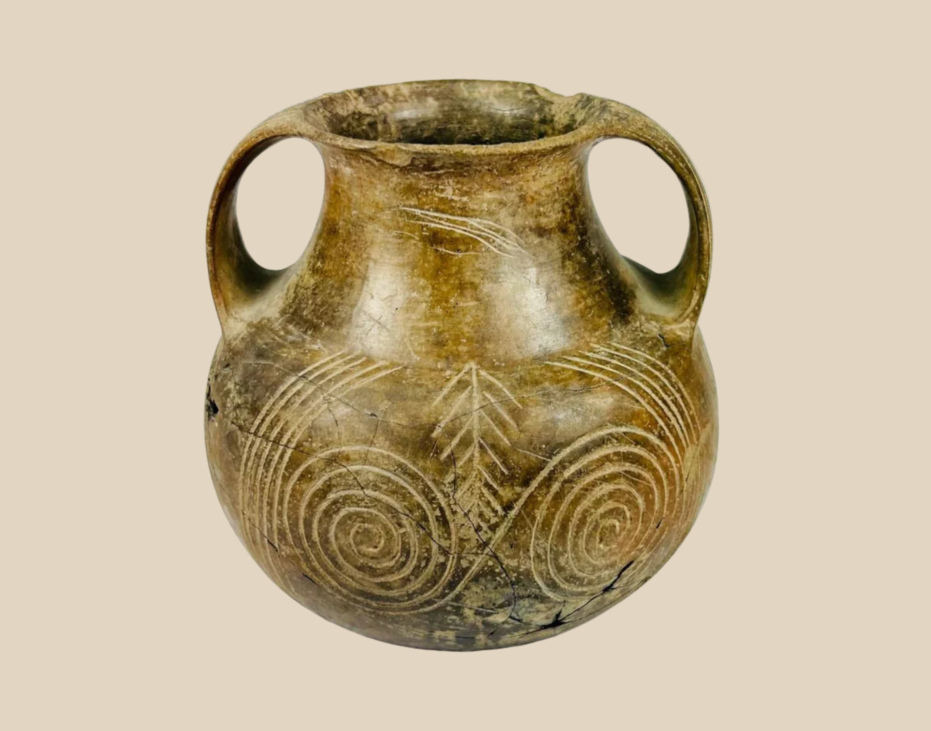 Ancient two-handled ceramic vessel with geometric incised designs, showcasing craftsmanship and cultural artistry of early civilizations.