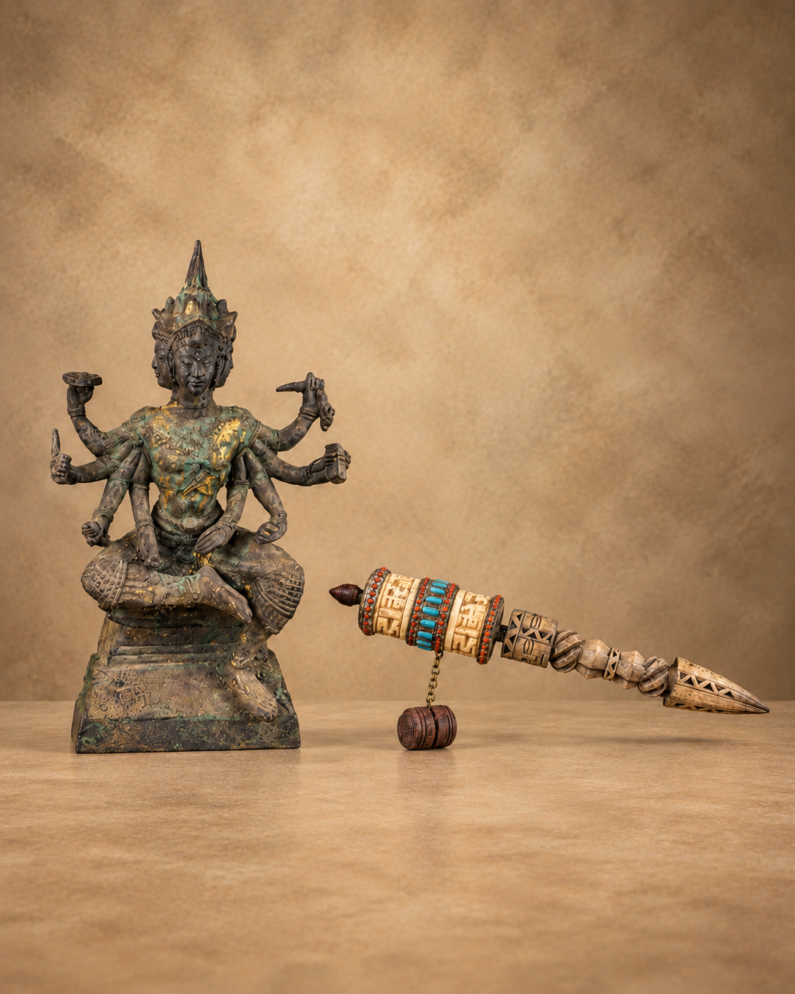 Buddhist and Hindu artifacts featuring a multi-armed deity figure beside a carved prayer wheel with colorful decorative details.