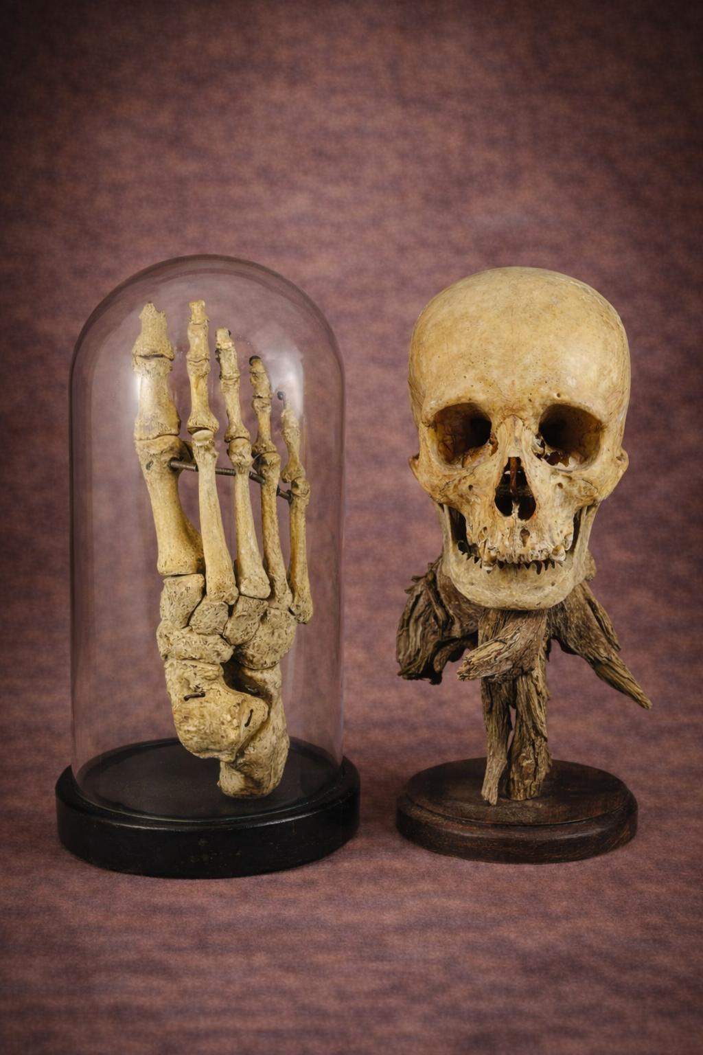 Antique human skeletal foot specimen displayed under a glass dome beside a genuine human skull mounted on a wooden stand against a warm brown studio background.