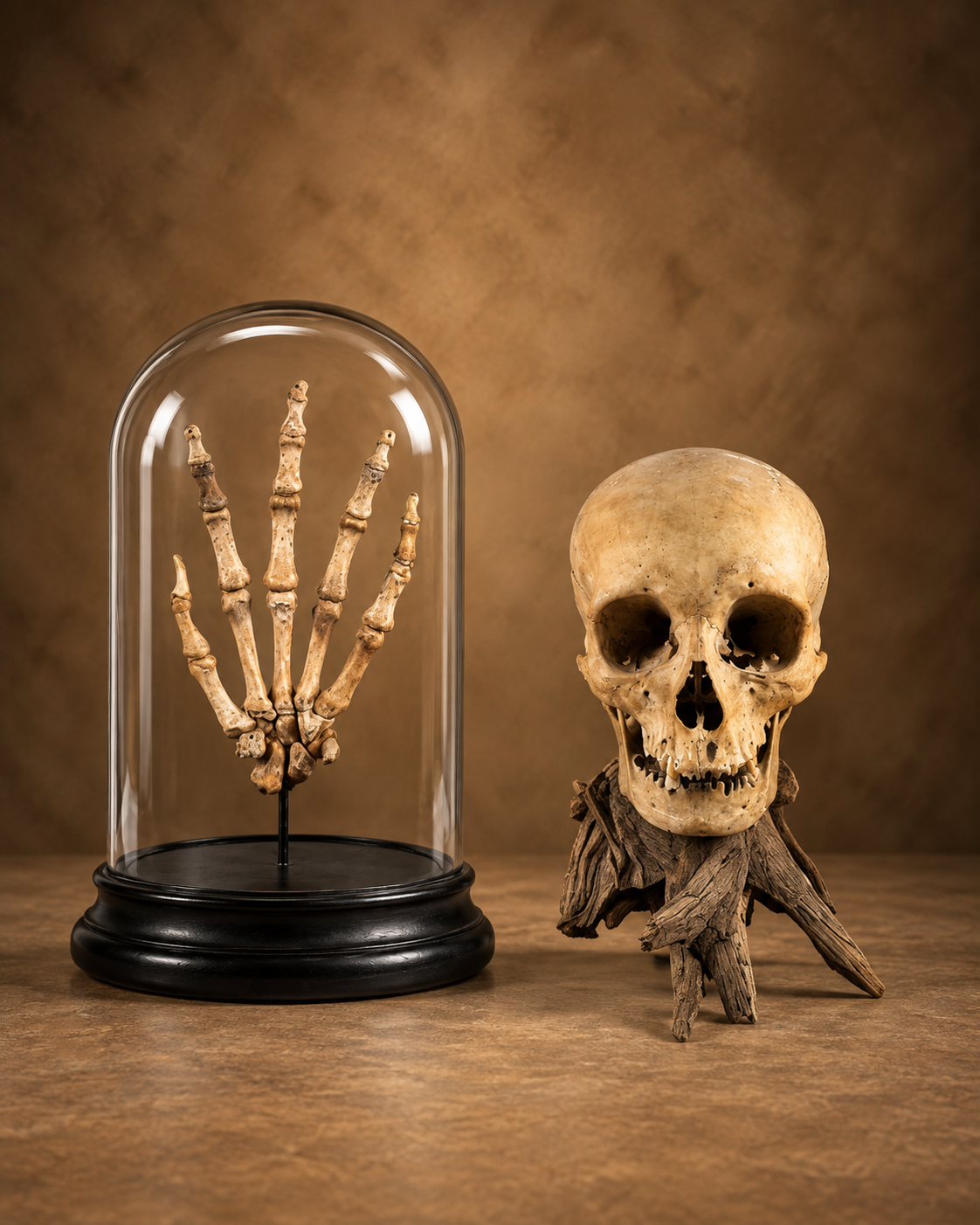 Human skeletal hand displayed in a glass dome beside an antique human skull on a wood stand in the Relic & Rarity Human Remains collection.