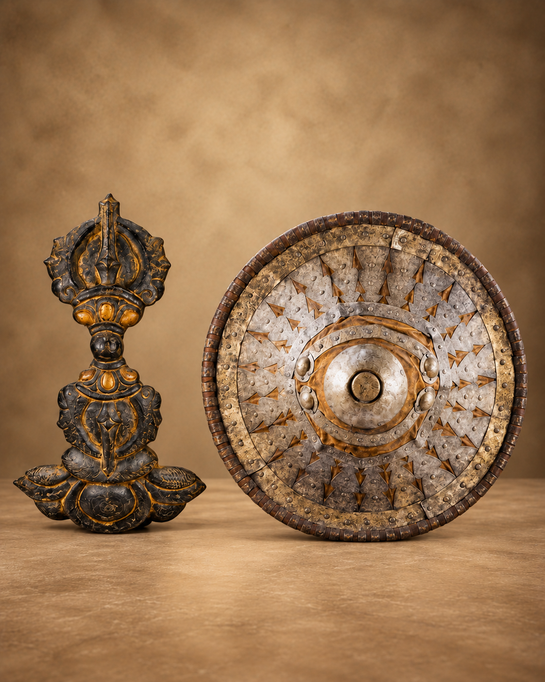 Cultural artifacts featuring an ornate ceremonial object beside a round decorative shield with weathered metal and patterned details.