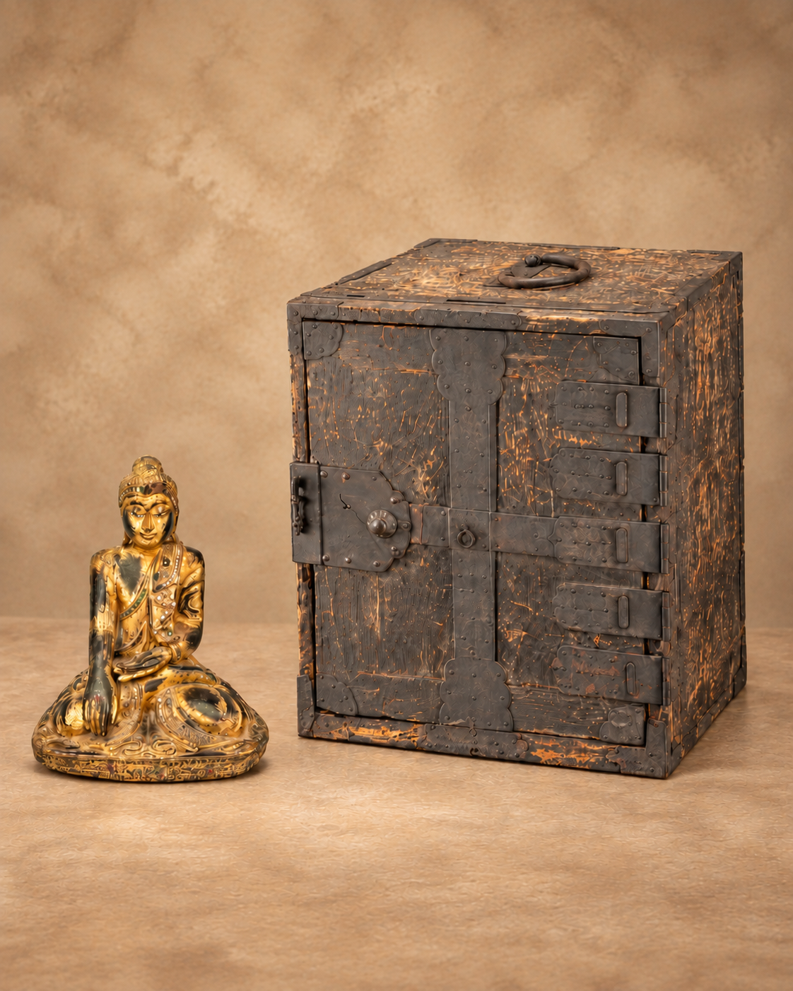 Antique Buddhist and Hindu artifacts featuring a seated Buddha figure beside a rustic wooden shrine or storage box with iron fittings.