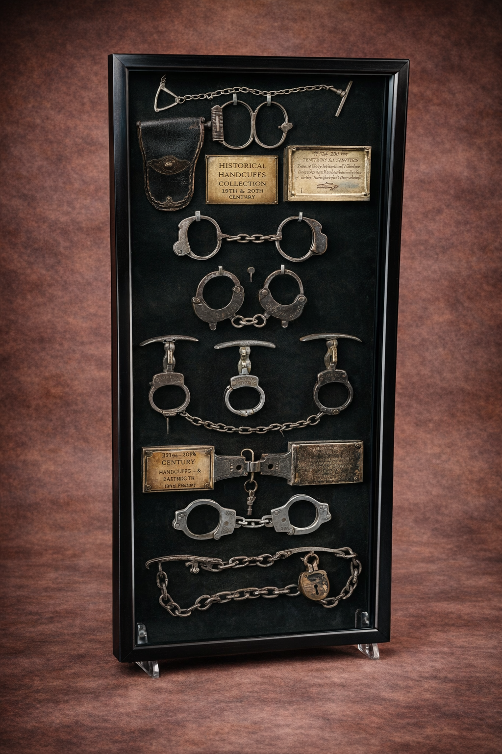 Framed display of antique handcuffs and restraint devices from the 19th–20th century mounted in a black shadow box against a warm brown studio background.