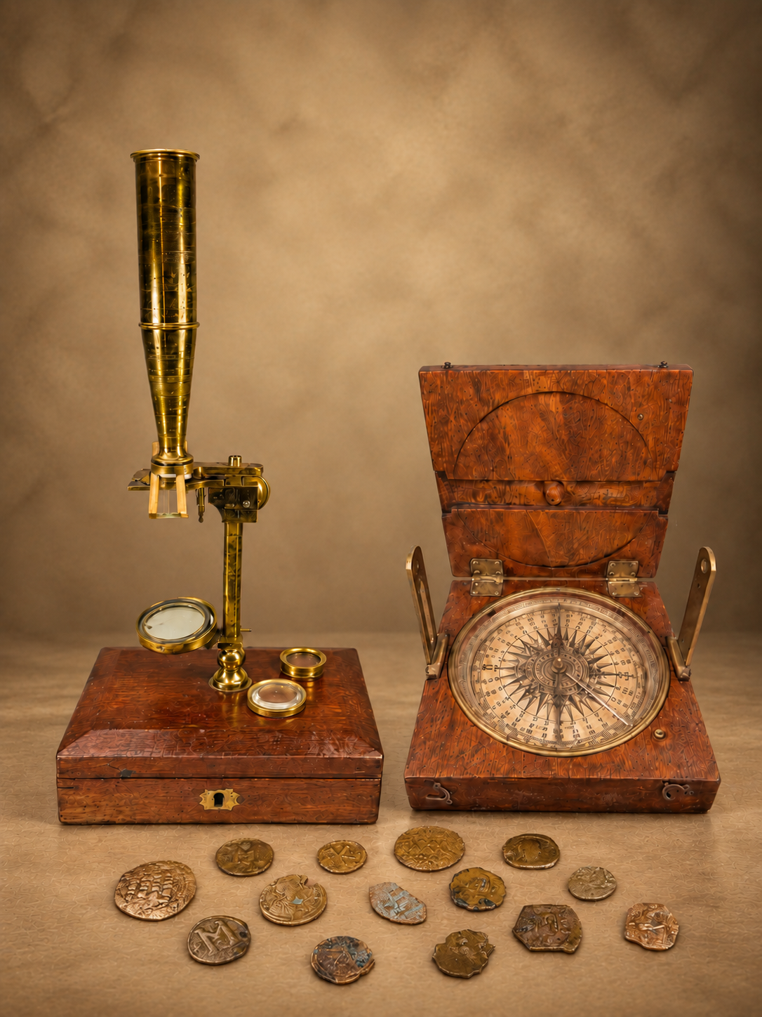 Antique scientific instruments featuring a brass microscope, cased compass, and assorted historic coins displayed together.