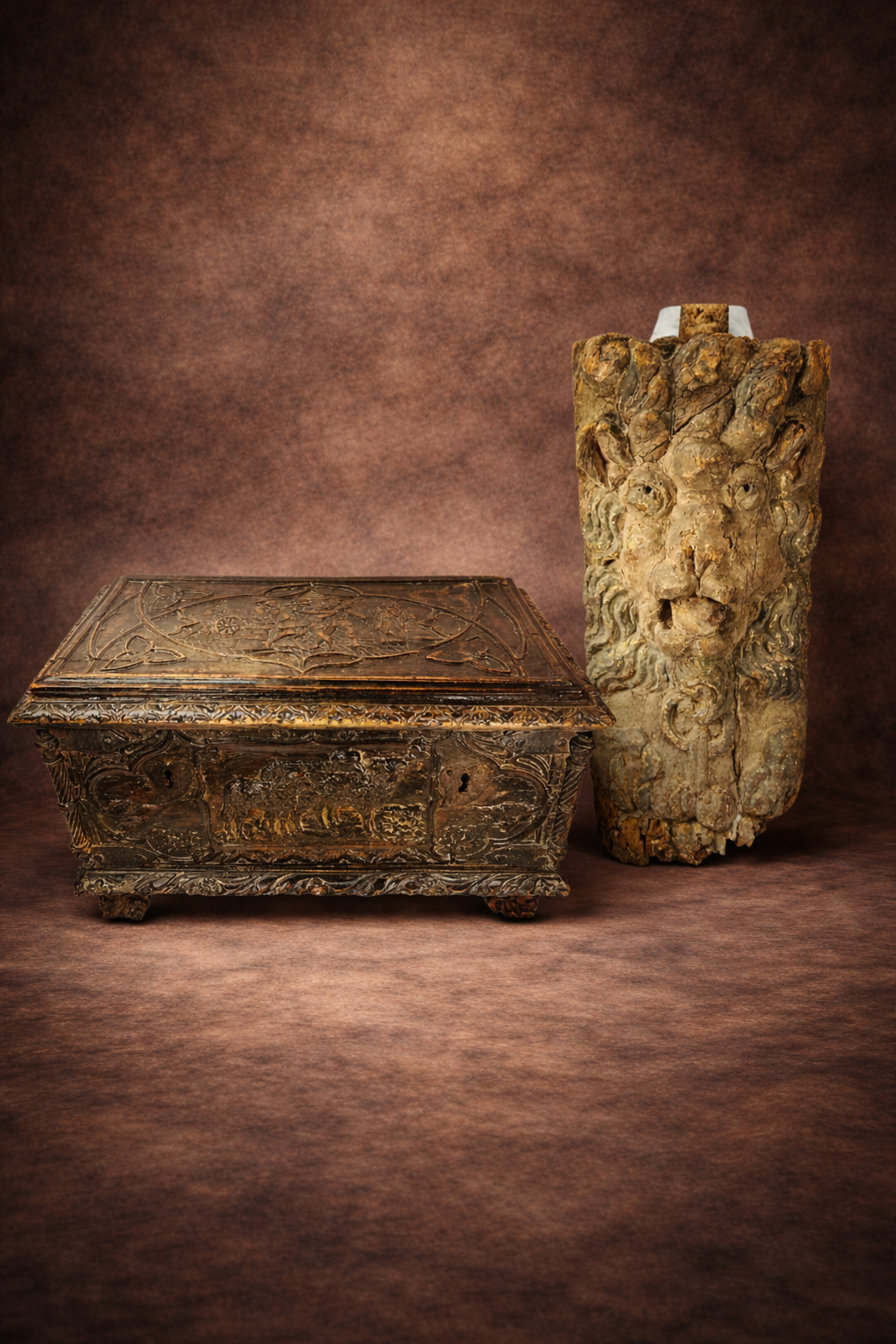 18th-century Russian Orthodox icon depicting Christ, the Virgin Mary, and John the Baptist above two mounted saints, hand-painted in vibrant tempera with gilded background and ornate gold frame