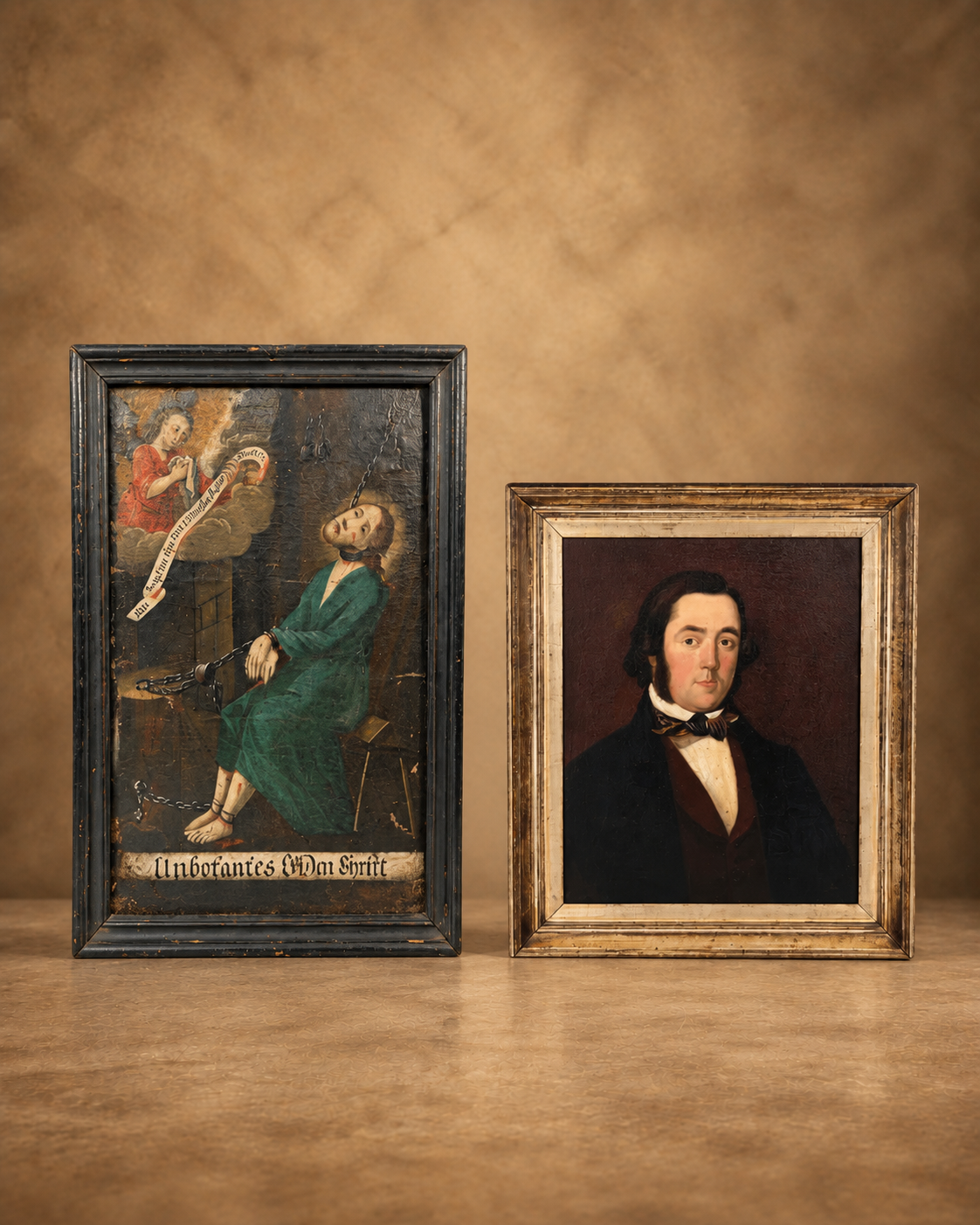 18th-century devotional panel depicting Christ at the Scourging Column and a Victorian oil portrait displayed in the Relic & Rarity Fine Art collection.