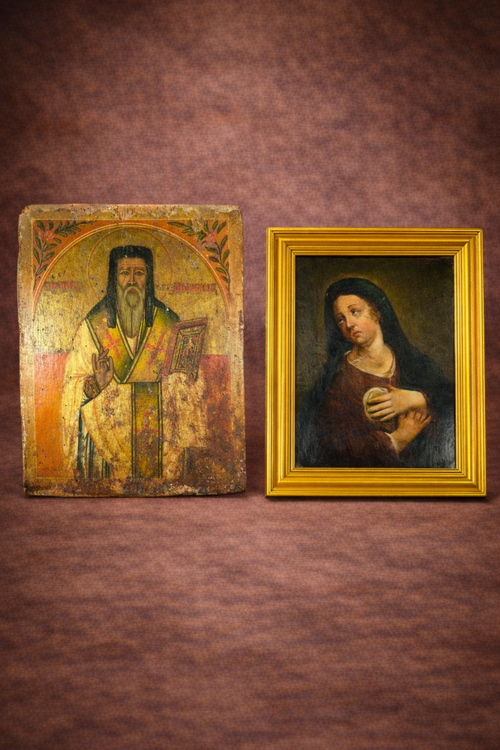 Antique Russian religious icon displayed beside an 18th-century European oil painting of the Virgin Mary in a gilded frame against a warm brown studio background.