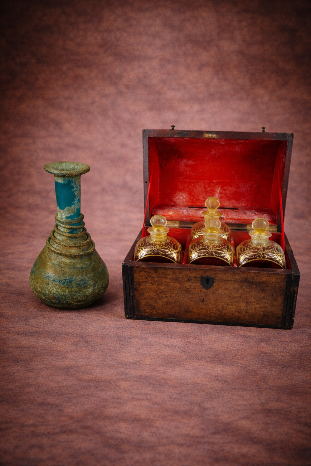 Ancient Roman turquoise glass perfume bottle displayed beside an early 19th-century Georgian glass decanter set in a red velvet-lined wooden case against a warm brown studio background.