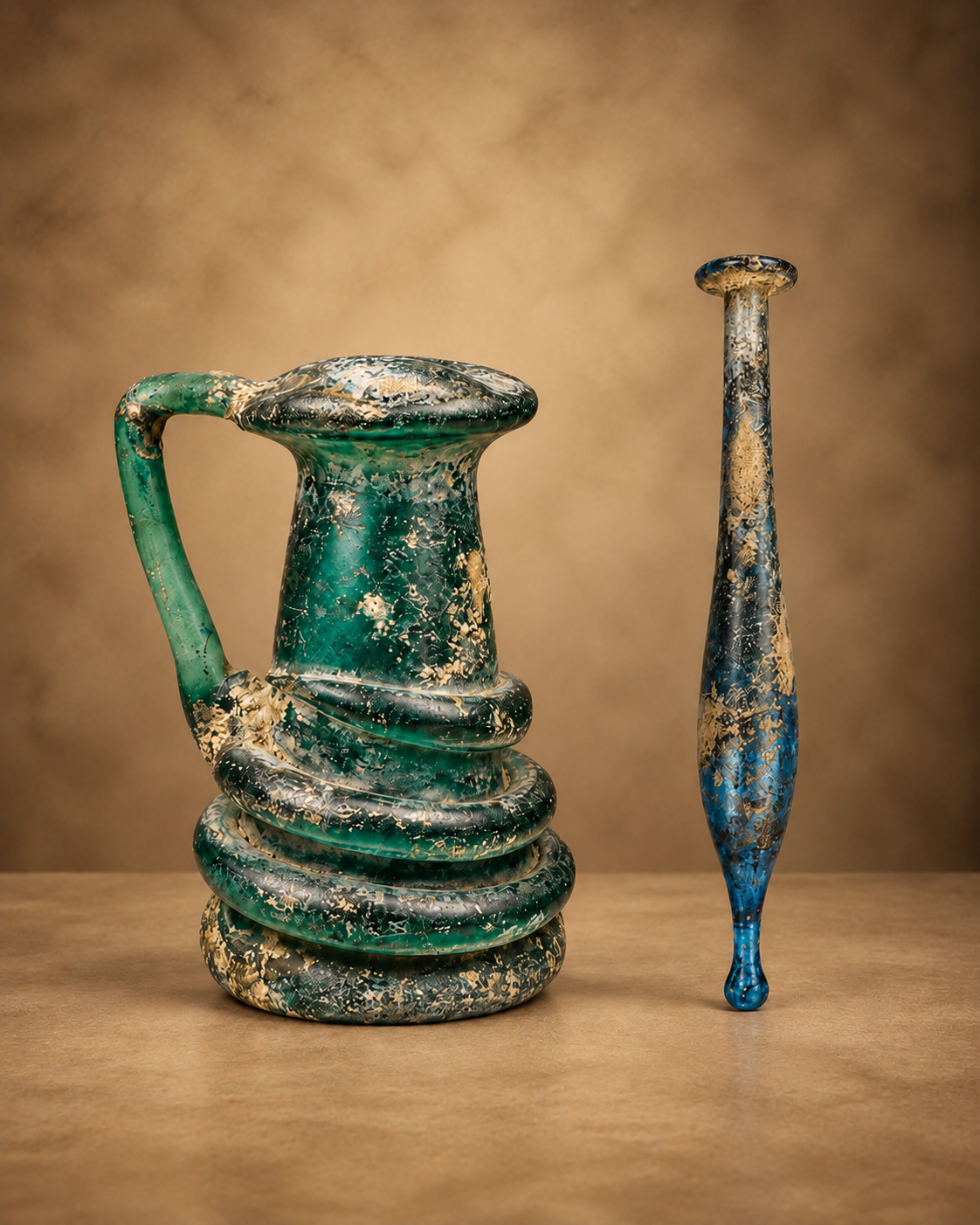 Ancient glass vessels featuring a green handled pitcher and a tall blue glass bottle with weathered surfaces and iridescent patina.