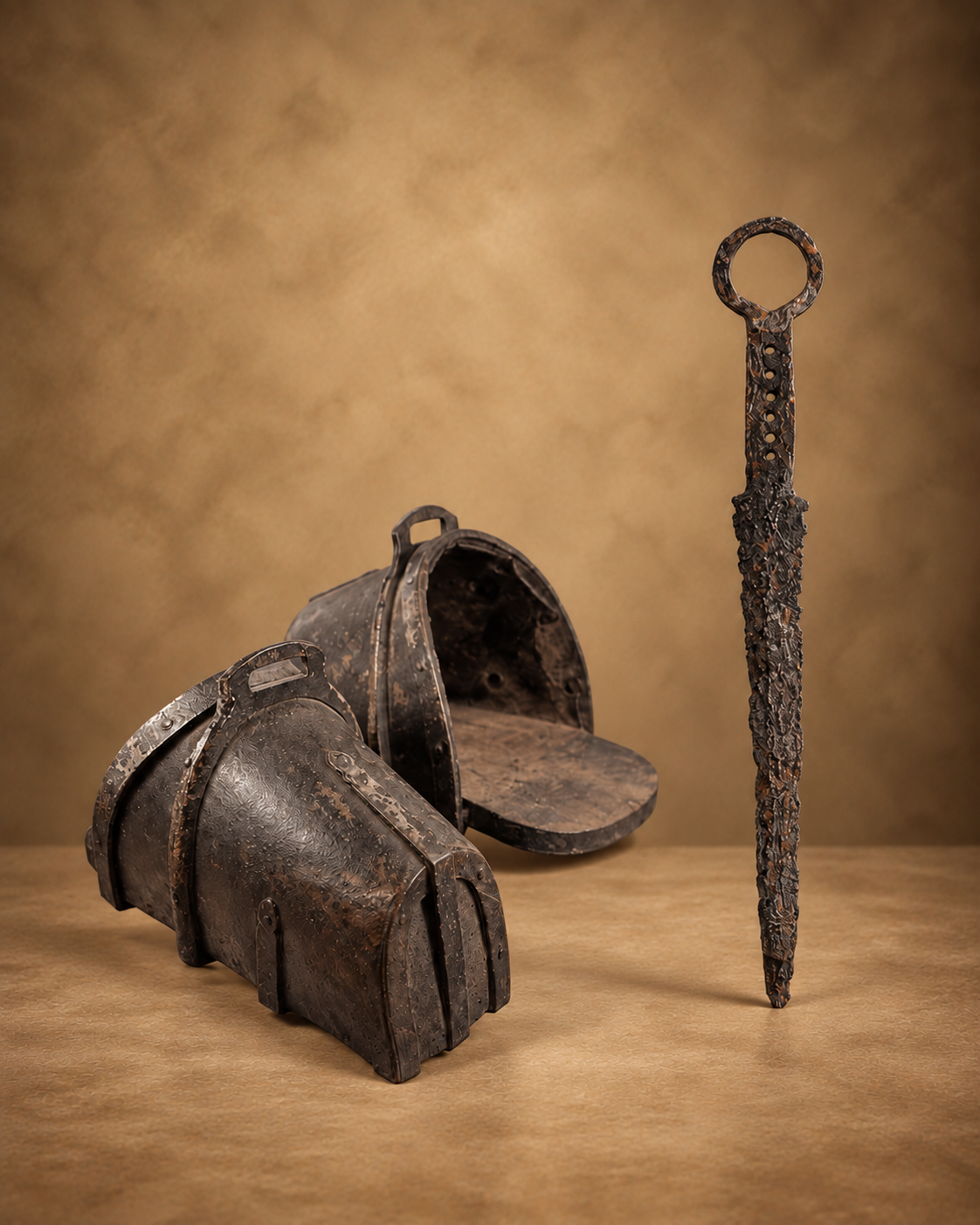 Antique arms and warfare artifacts featuring iron armor components and a long pointed metal implement with ring handle displayed together.
