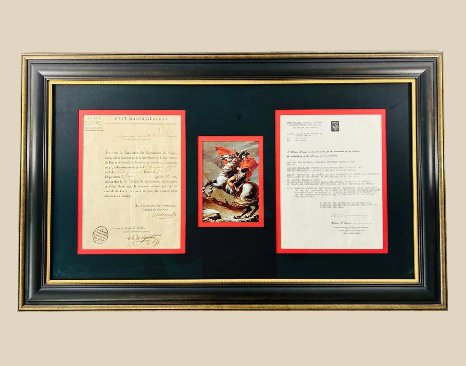 Framed display of a signed letter by Napoleon Bonaparte with accompanying document and artwork, bordered in red and black frame