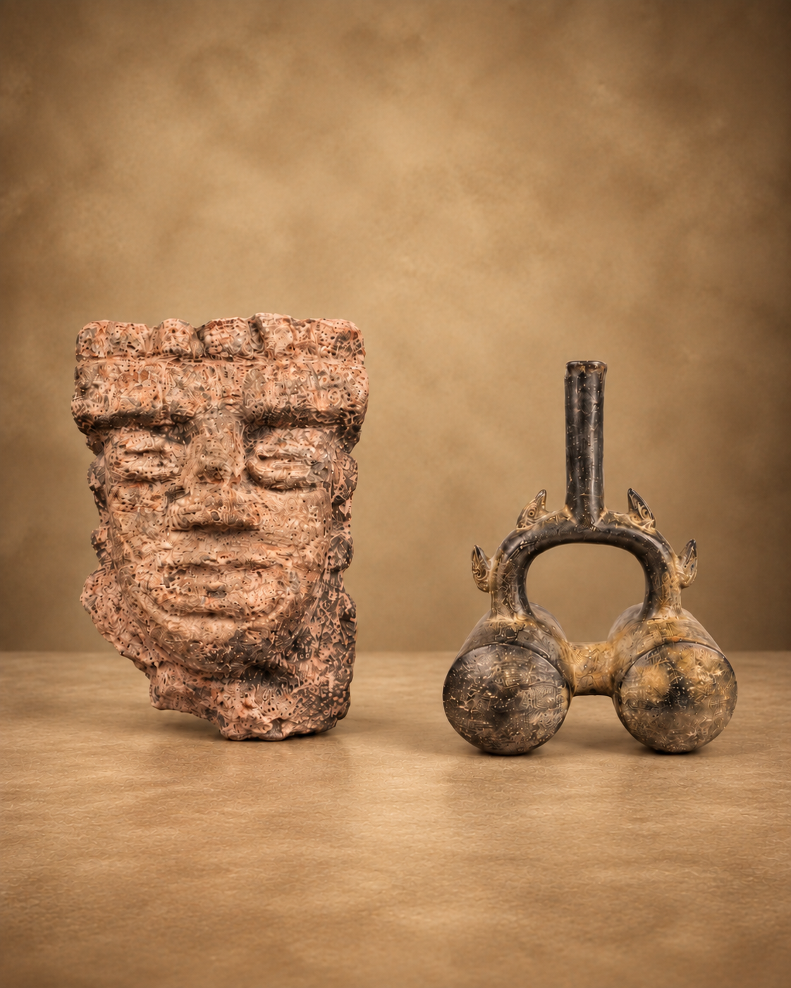 Ancient statues and sculptural artifacts featuring a carved figural head and a distinctive dark ceramic vessel displayed together.