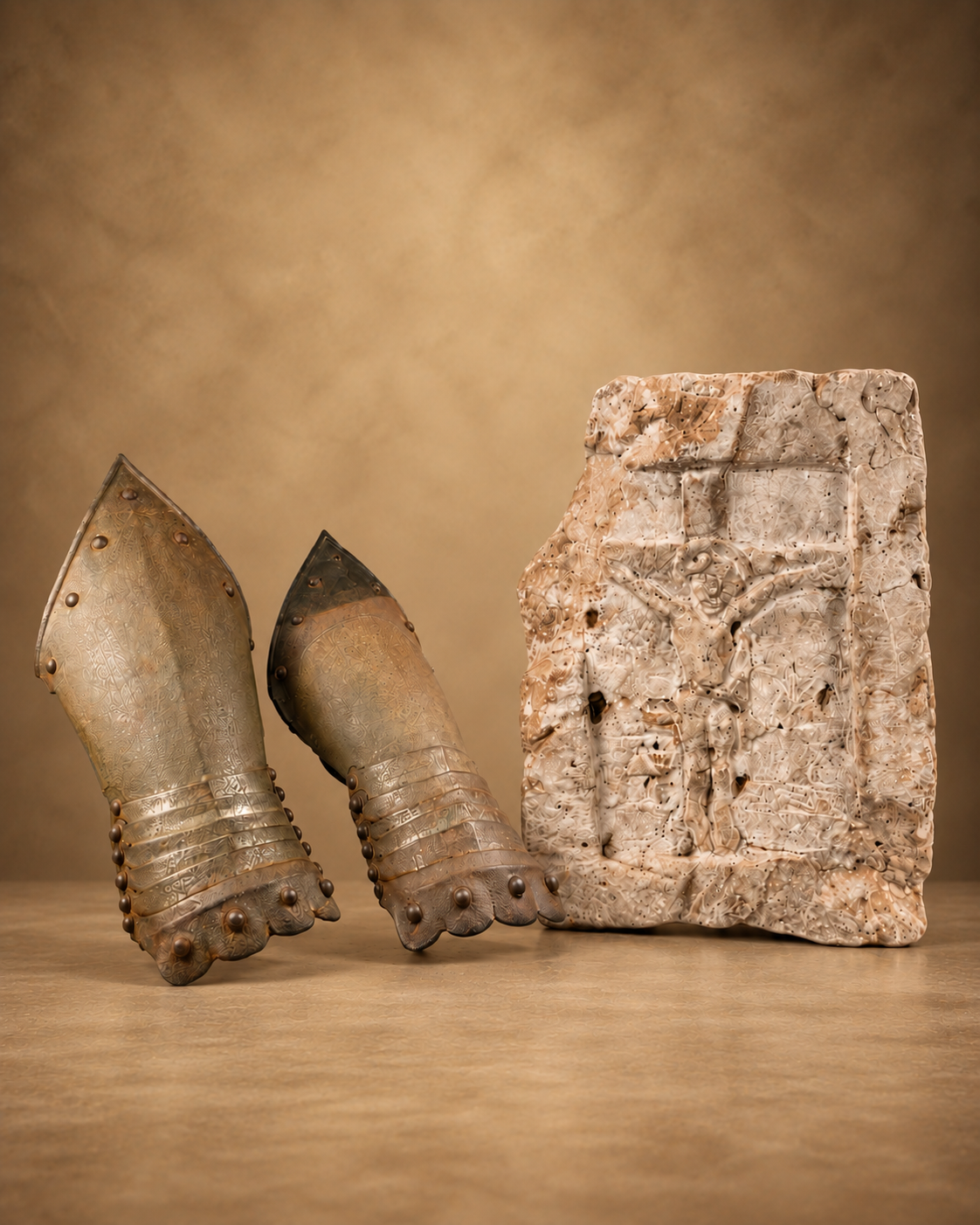 Medieval artifacts featuring a pair of metal armor gauntlets displayed beside a weathered carved stone relief.