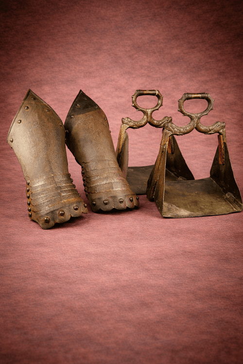 Pair of Gothic-style steel gauntlets displayed beside ornate brass equestrian stirrups with serpent motifs on a warm brown studio background.