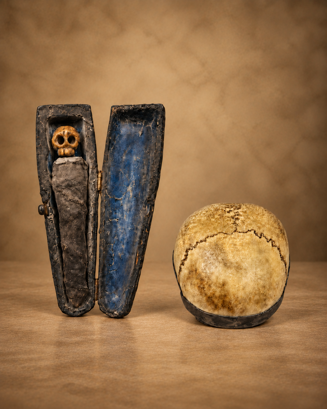 Antique oddities and curiosities display featuring a miniature coffin with a carved skull figure beside a human skull specimen.