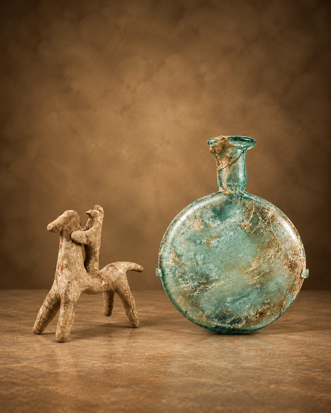 Ancient Greek Boeotian terracotta horse-and-rider figure and Roman glass flask displayed in the Relic & Rarity Roman & Greek Artifacts collection.