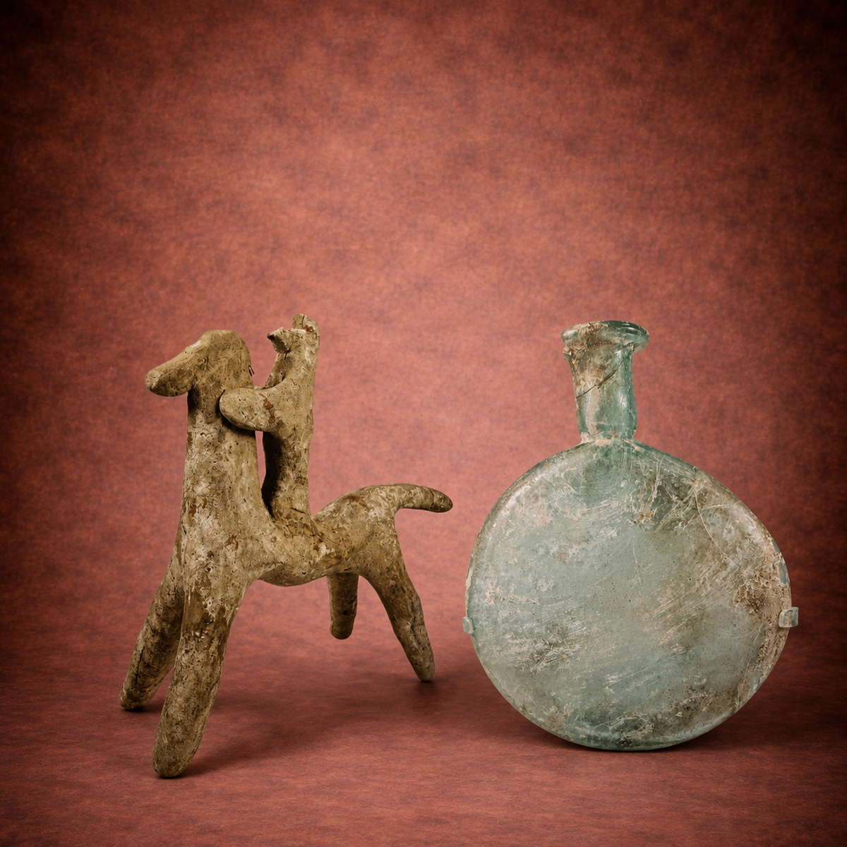 Ancient Greek Boeotian terracotta horse and rider with Roman aqua glass flask displayed against a warm museum-style backdrop.