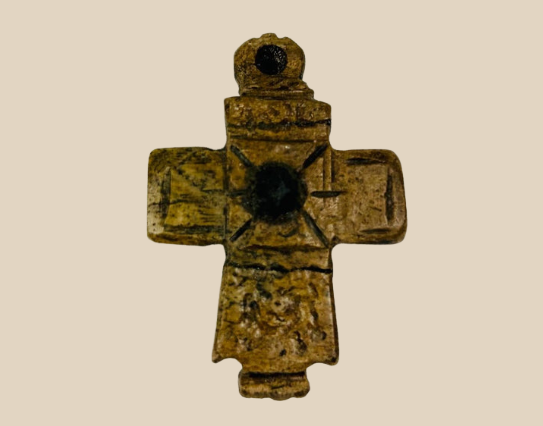 Byzantine bronze cross pendant with gemstone inlay and patina — Relic and Rarity early Christian artifact