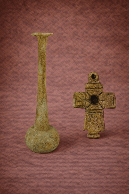 Ancient Roman glass perfume bottle displayed beside a Byzantine pectoral cross pendant, both photographed against a warm textured studio background showing age wear and surface patina.