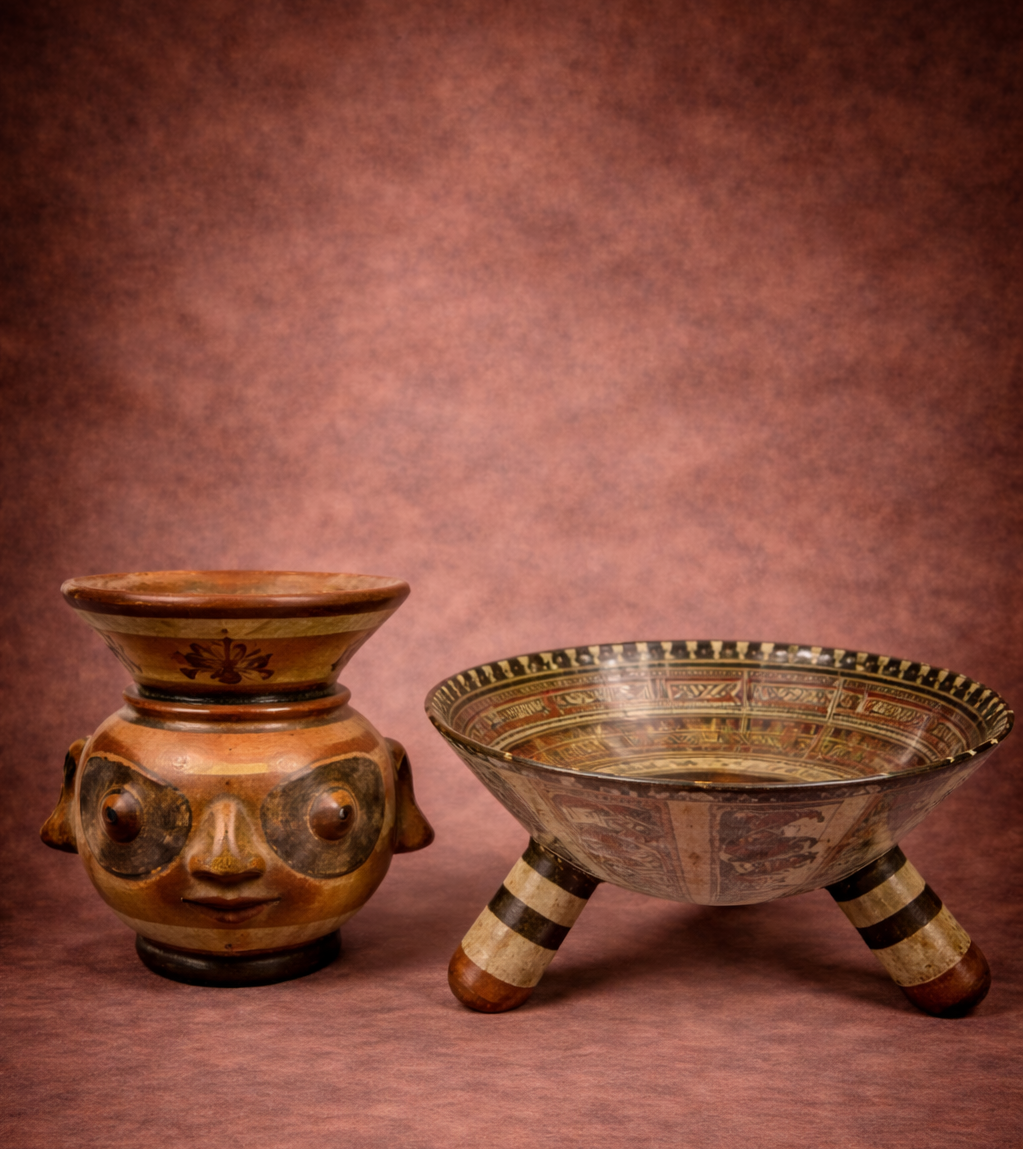 Pre-Columbian artifacts for sale Nicoya polychrome effigy vessel and tripod bowl displayed against a warm studio backdrop.