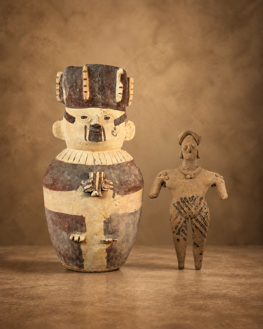 Ancient Pre-Columbian Chancay figural effigy urn and Colima female terracotta figure displayed in the Relic & Rarity Pre-Columbian collection.