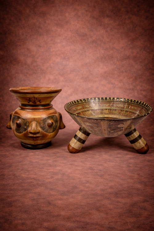 Pre-Columbian artifacts for sale Nicoya polychrome effigy vessel and tripod bowl displayed against a warm studio backdrop.