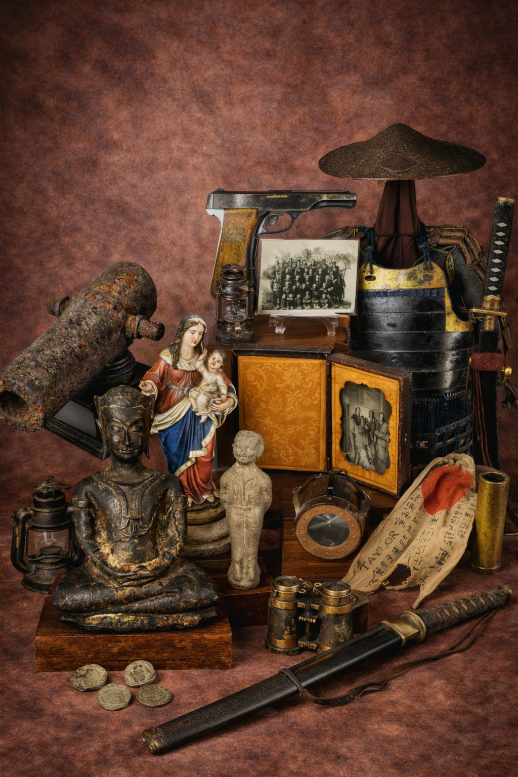 Collage of diverse historical artifacts displayed against a warm brown studio background.