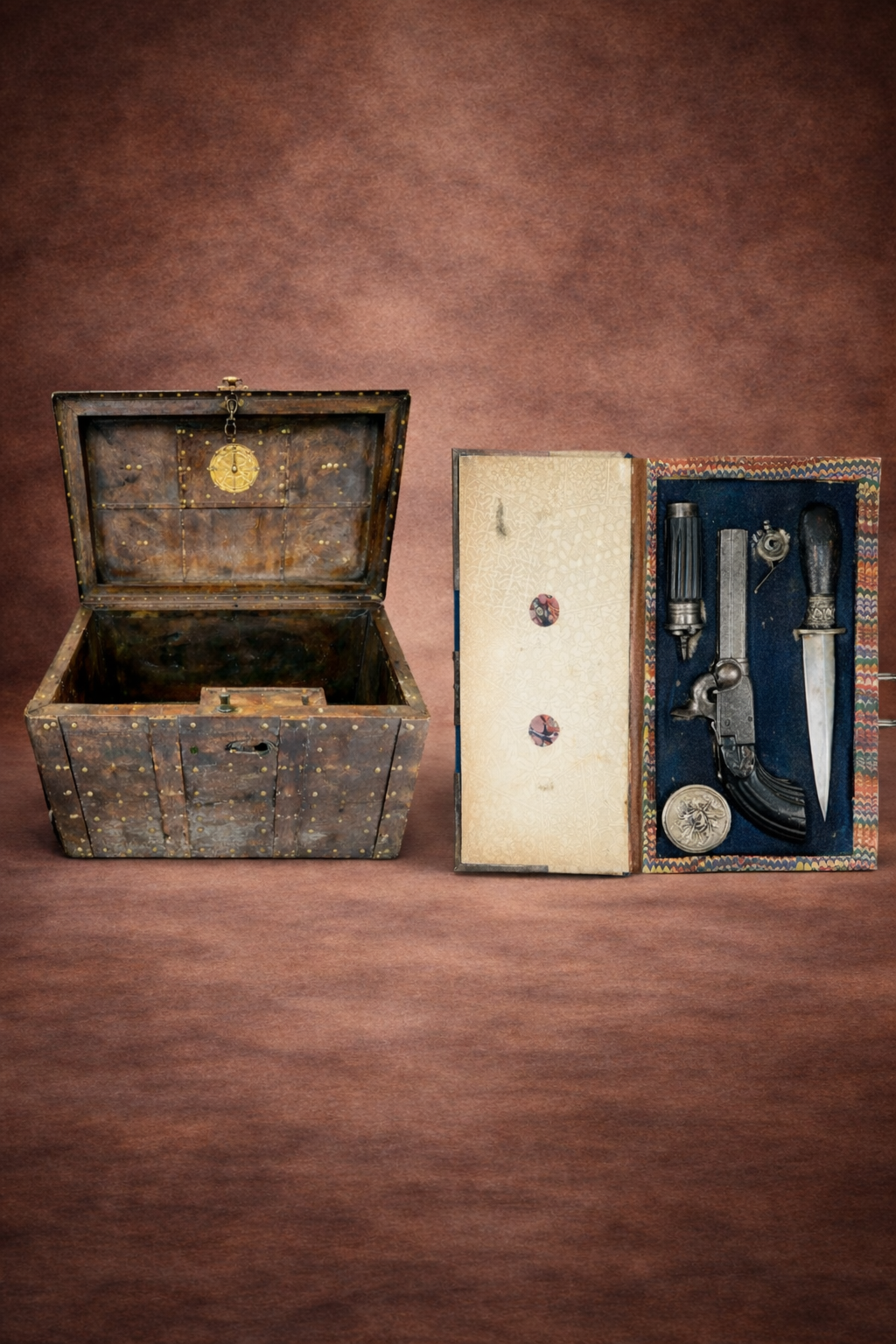 Open 16th–17th century iron-bound strongbox displayed beside a Continental Concealed Gentleman’s Defense Set in Velvet “Book Form” Case  against a warm brown studio backdrop.