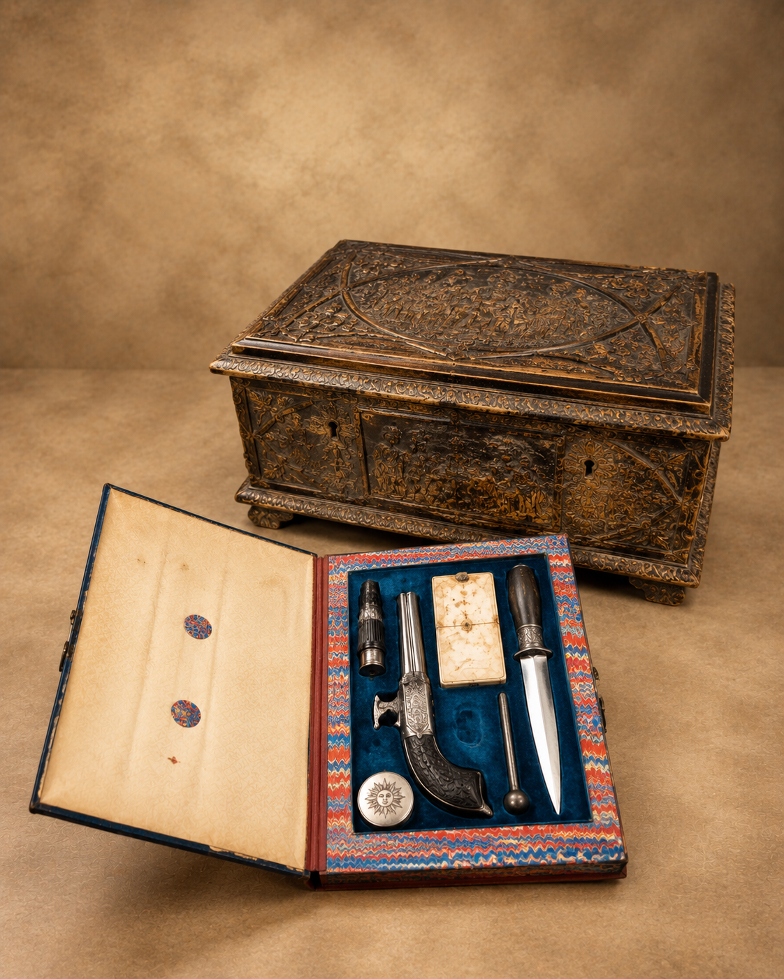 Distinctive antique curiosities featuring an ornate decorative box and a fitted presentation case with a miniature pistol and accessories.