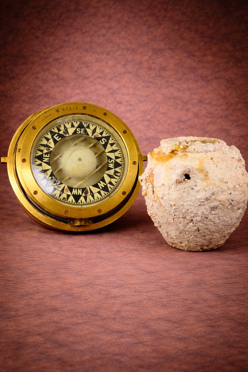 Brass marine ship compass displayed beside a Song Dynasty terracotta storage jar recovered from a shipwreck, set against a warm neutral studio background.