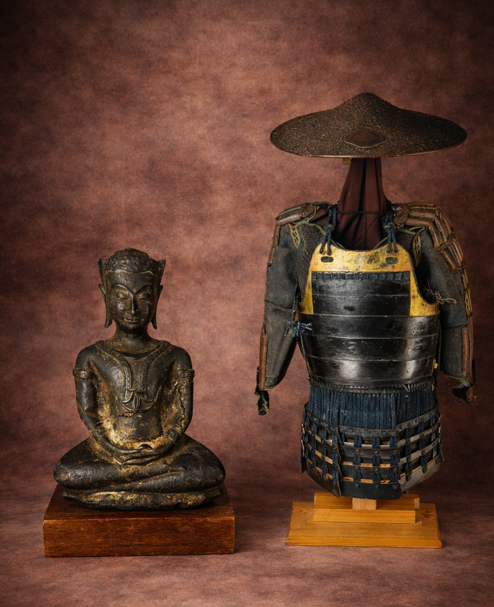 15th Century Thai antique bronze seated Buddha statue displayed beside a Japanese samurai Do-Maru armor set with jingasa hat, both presented on wooden bases against a warm studio backdrop.