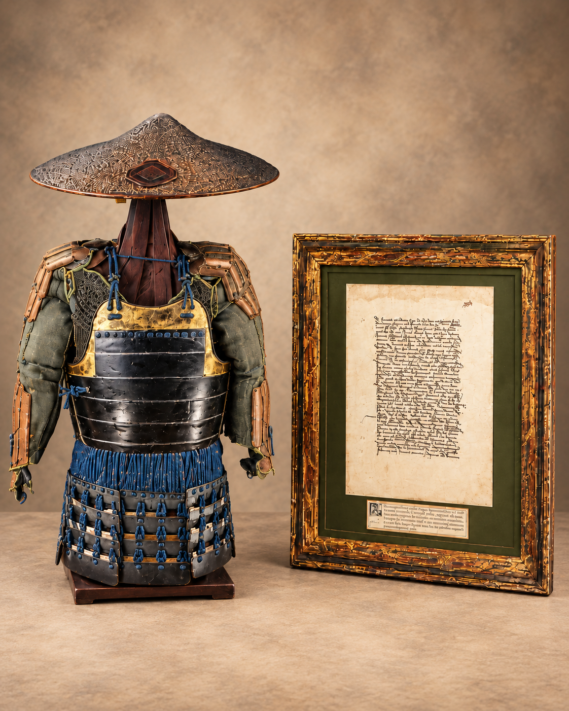 15th-century artifacts featuring a Japanese samurai armor display beside a framed historic manuscript.