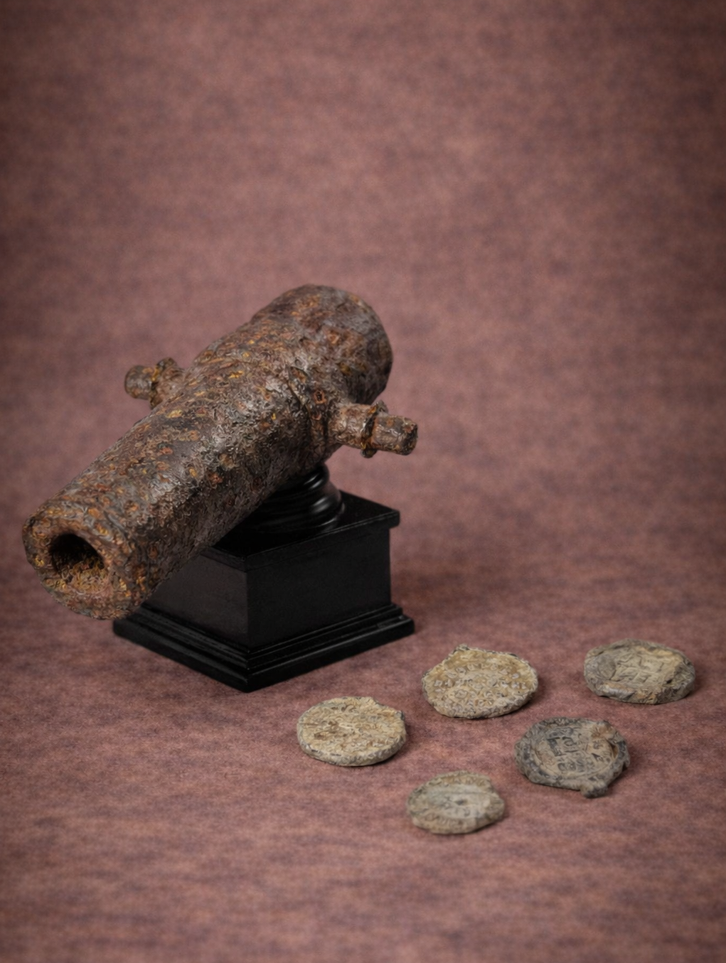 18th-century salvaged British signal cannon displayed beside a group of shipwreck-recovered copper coins against a warm brown studio background.