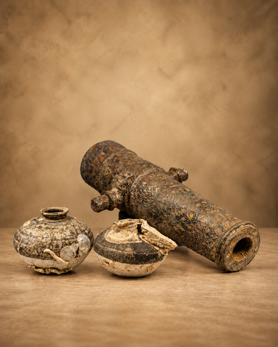Shipwreck artifacts featuring a heavily corroded iron cannon beside two marine-encrusted ceramic vessels.