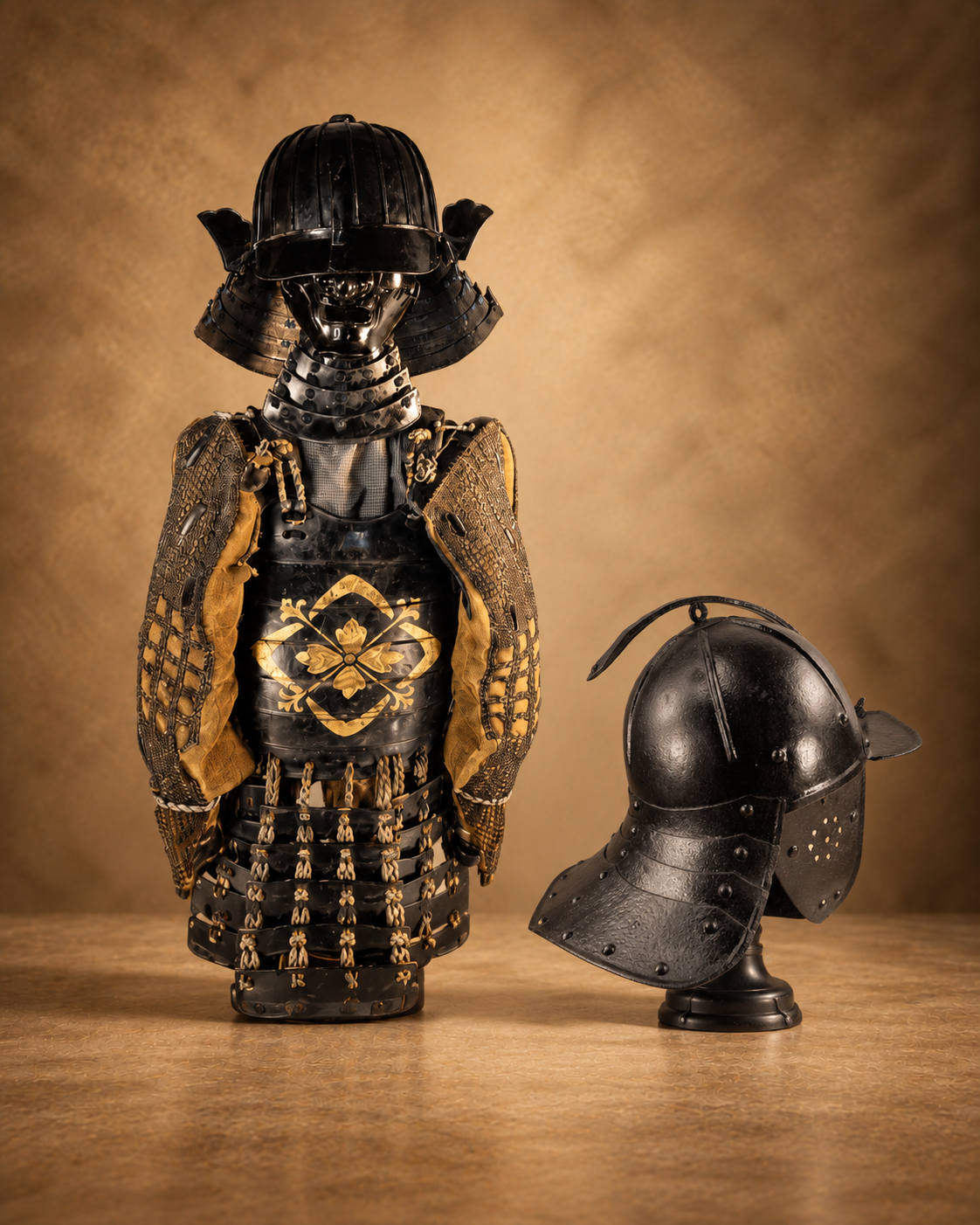 Historic Japanese samurai armor and antique black iron cavalry helmet displayed in the Relic & Rarity Arms & Armour collection.