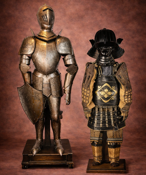 European full plate armor displayed beside traditional Japanese samurai armor against a studio backdrop