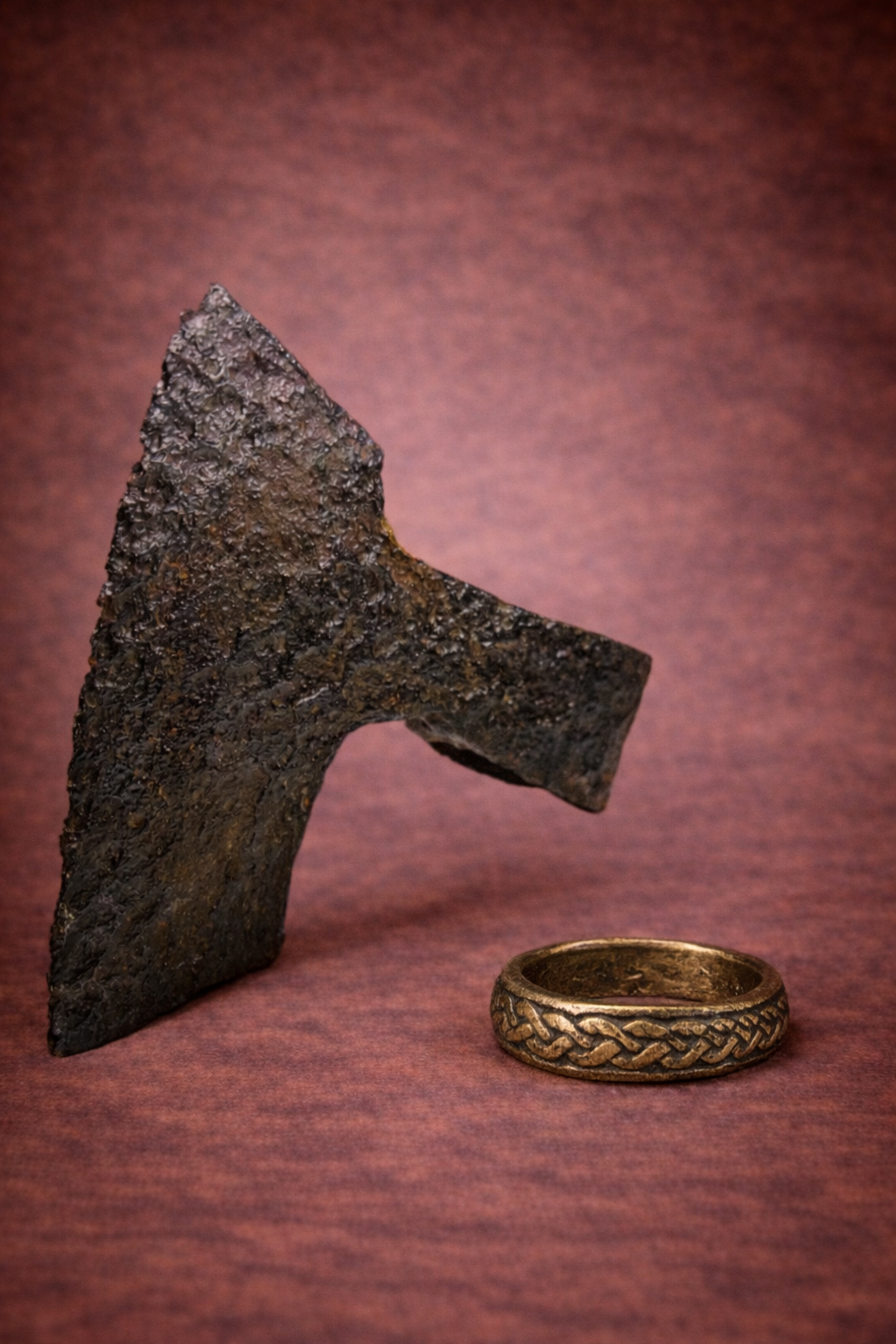 Ancient medieval iron axe head displayed beside a braided Viking-style ring on a warm, textured background, highlighting the weathered surfaces and archaeological character of both artifacts.