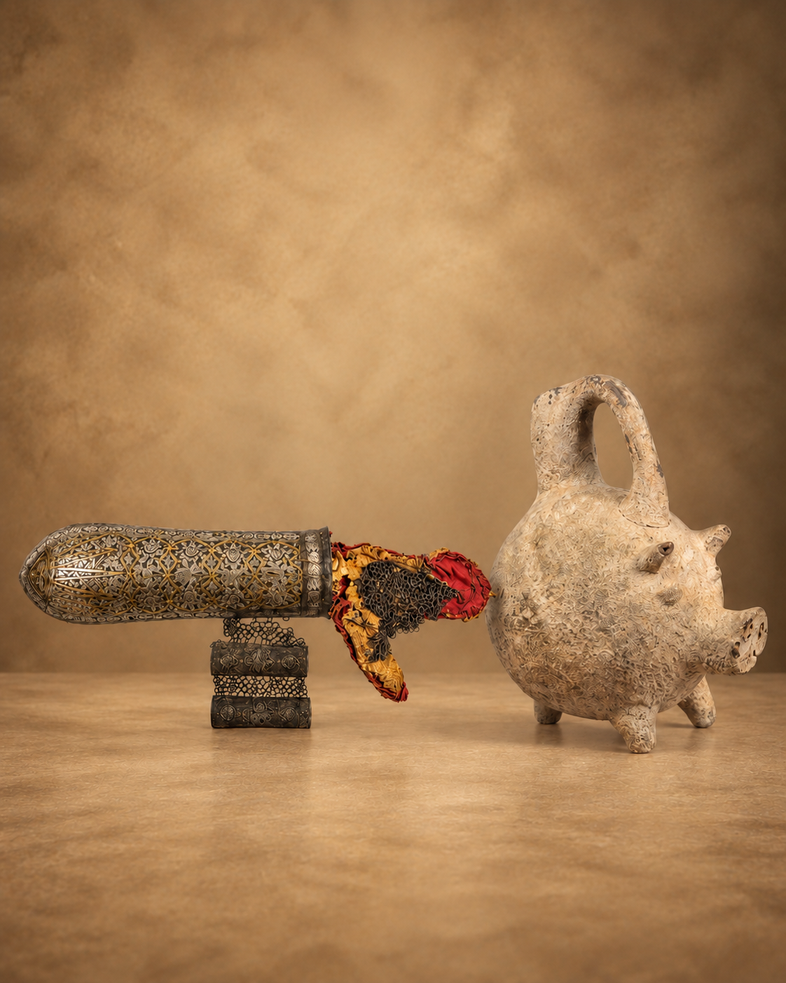 Middle Eastern antiquities featuring an ornate decorated vessel beside a ceramic animal-form object with a loop handle.