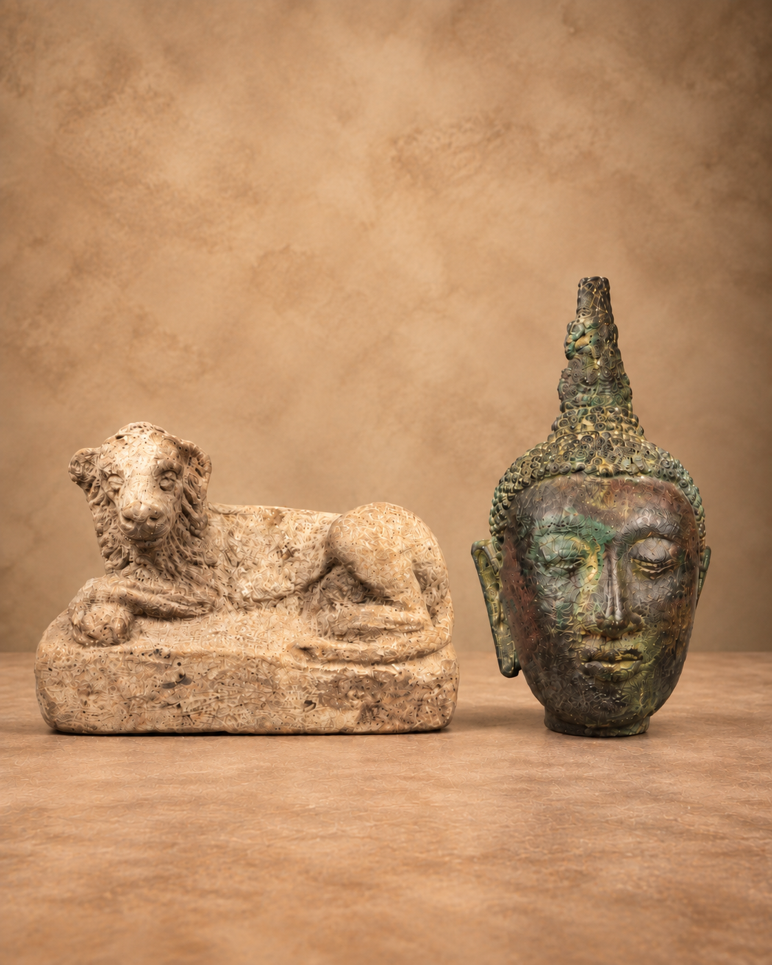 Ancient statues and sculptures featuring a reclining stone lion beside a patinated bronze Buddha head.
