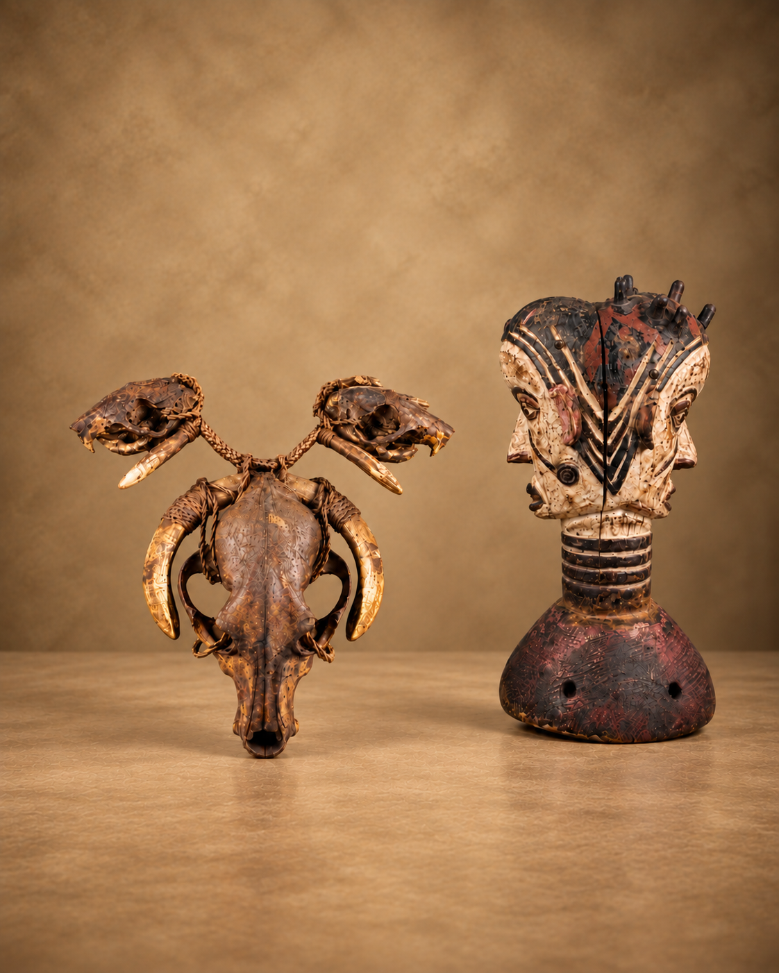 Tribal artifacts featuring a decorated animal skull with tusks beside a tall carved ritual figure with painted geometric details.