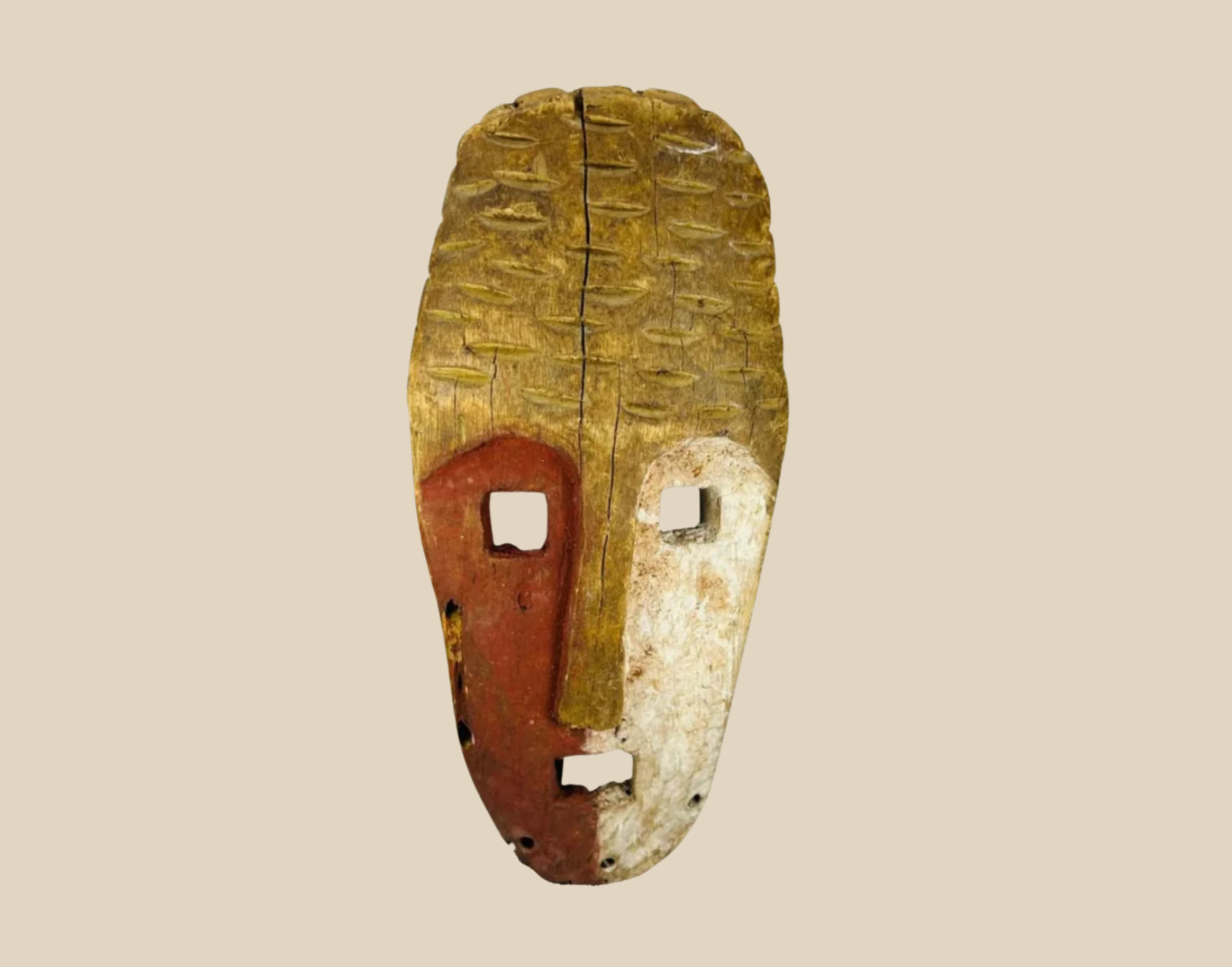 Papua New Guinea Sepik River tribal mask, hand-carved hardwood with red ochre and lime pigments, early 20th century, displaying ancestral spiritual symbolism and ceremonial use.