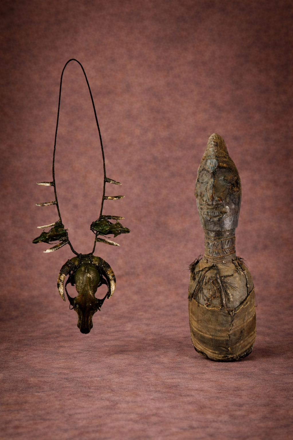 Tribal necklace composed of animal skulls and teeth displayed beside a weathered shamanic wooden ritual statue against a warm brown studio background.